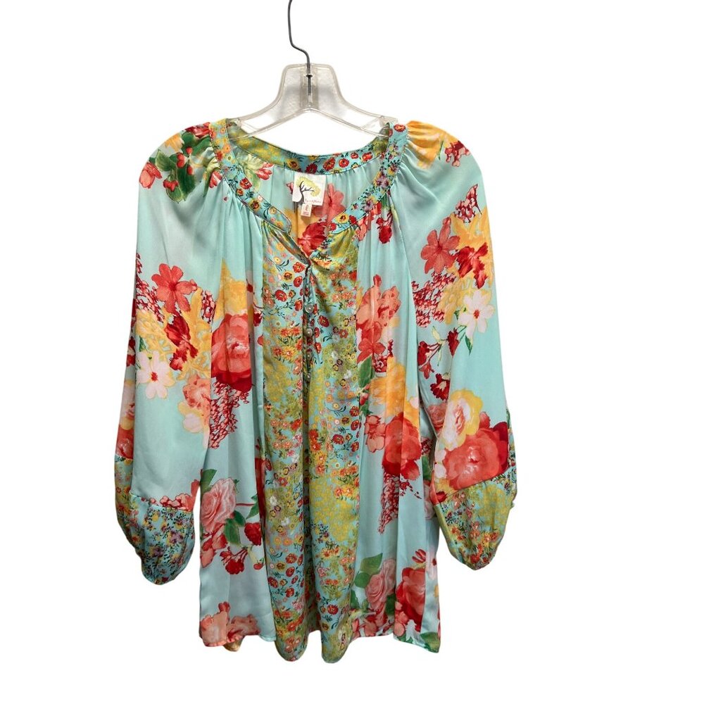 Fig and Flowers Bohemian Floral Print Tunic Top With 3/4 Sleeves & Button Accent